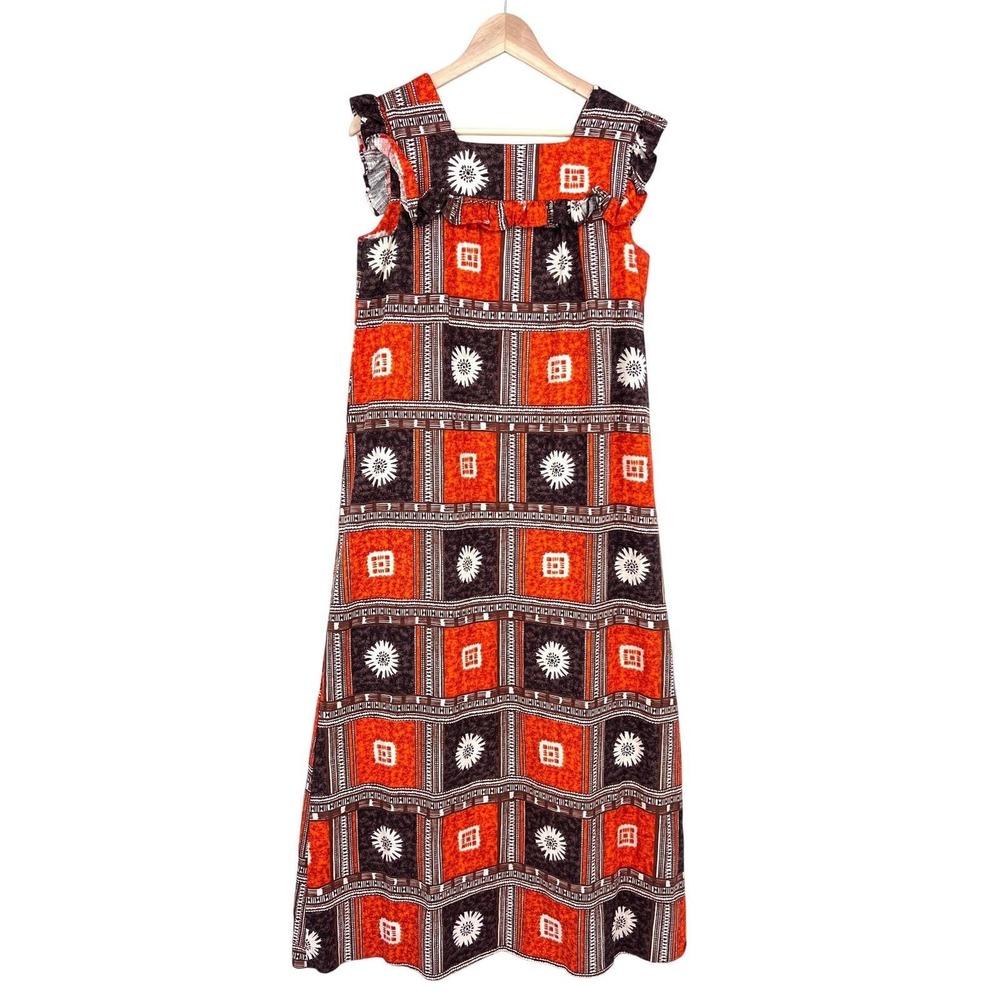 Vintage 1970s Tapa Designs Hawaiian Maxi Dress Ruffle Tapa‎ Print tiki luau